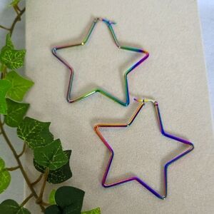Large Stainless Steel Star Hoop Earrings Rainbow Oil Spill AB